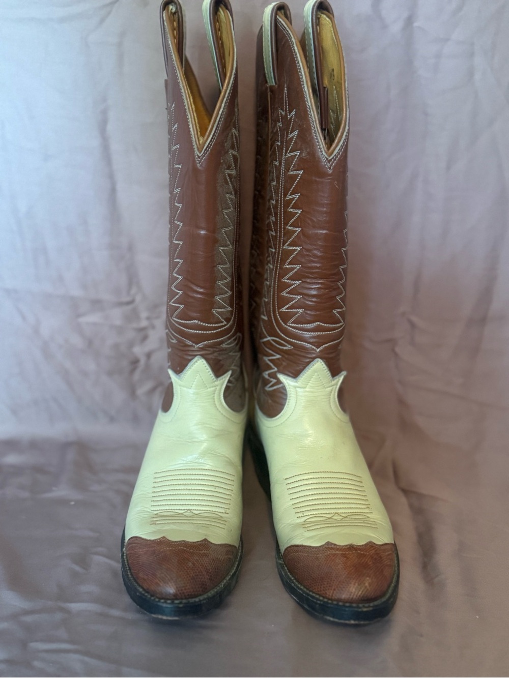 Vintage Tony Lama Brown and Cream Two-Tone Western wingtip Heeled Boots
